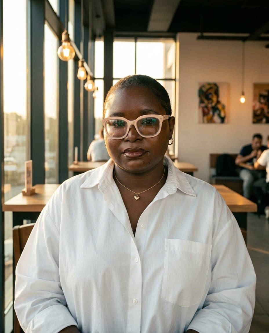 Jane, founder of OnyiWrites, seated in a warmly lit café
