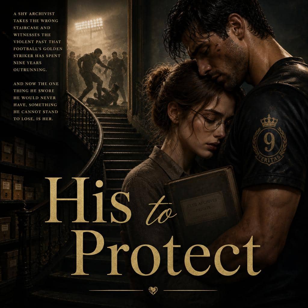 Cover for His to Protect: a footballer in a number 9 shirt holds a bespectacled archivist against him on a dark archive staircase, a lit stadium visible through the doorway behind them.